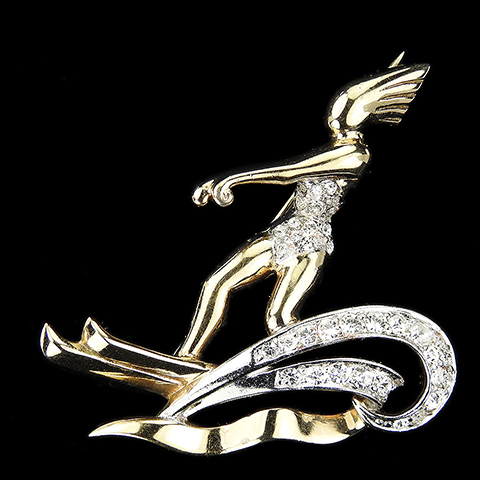 Boucher Deco Style Gold and Pave Water Skier Girl in the Waves Pin