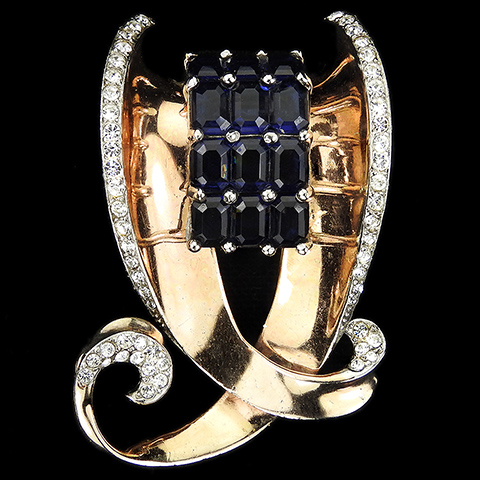 MB Boucher Sterling Gold Pave and Square Cut Sapphires Deco Double Bow Swirl with Curls Pin Clip