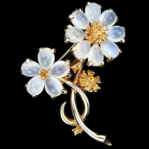 Boucher Gold Topaz Spangles and Moonstone Cabochons Double Flower Floral Spray Pin