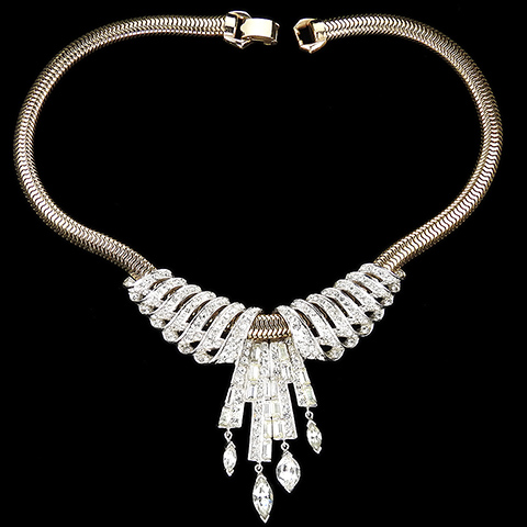 MB Boucher Pave Swirls with Four Chaton Pendants Baguette Waterfall on a Gold Snake Chain Collar Necklace