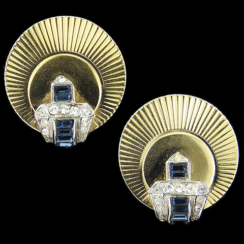 Boucher Pave and Invisibly Set Sapphire Buckle and Golden Sunburst Clip Earrings