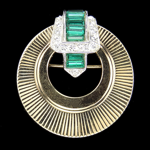 Boucher Pave and Invisibly Set Emerald Buckle and Golden Sunburst Pin