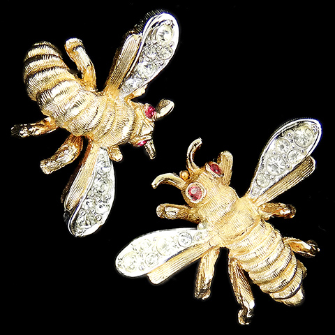 Boucher Matched Pair of Gold and Pave Miniature Bees Bumblebee Stud Scatter Pins