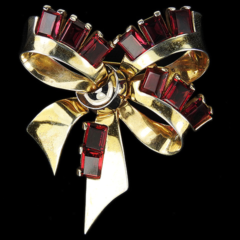 MB Boucher Sterling Gold and Square Cut Rubies Bowknot Bow Pin