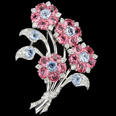 MB Boucher Pave Pink and Blue Topaz Four Flower Floral Spray Pin