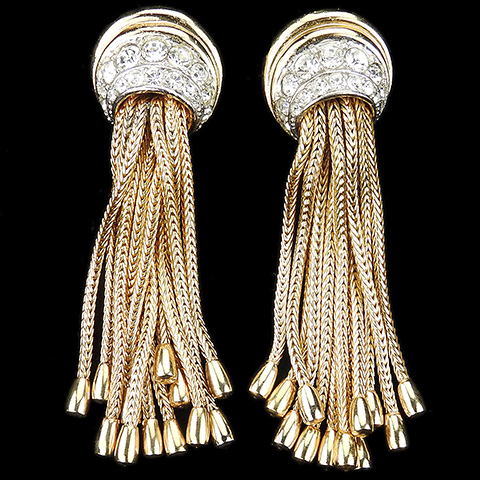 Boucher Gold and Pave Half Moon Swirls and Multiple Gold Tassels Pendant Clip Earrings