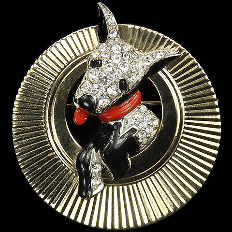 Boucher Gold Pave and Enamel Black and White Smiling Dog in a Sunburst Pin