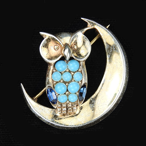 MB Boucher Sterling Gold and Turquoise Cabochons Owl in the Moon Pin
