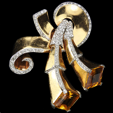MB Boucher Gold Pave and Square Cut Citrines Double Deco 3D Bow Swirl Pin