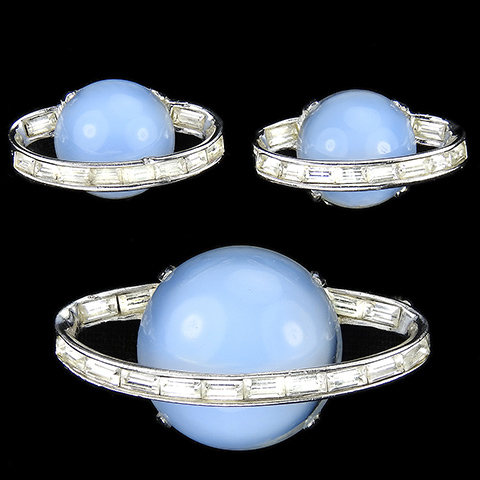 MB Boucher Blue Moonstone and Baguettes Planet Saturn with Ring or Flying Saucer Pin and Clip Earrings Set