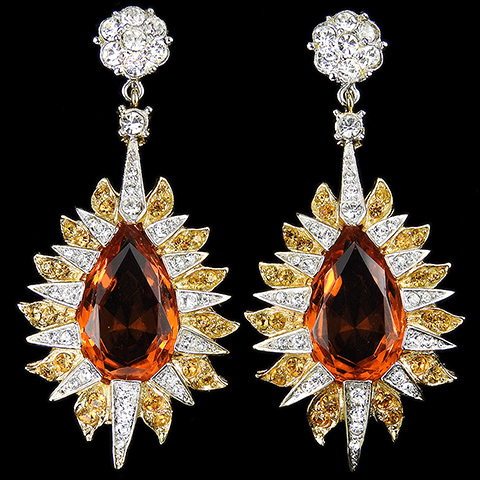Boucher Gold Pave and Faceted Teardrop Topaz Starburst Pendant Clip Earrings