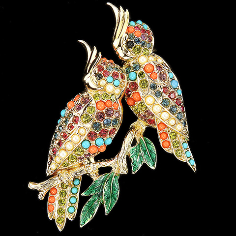 D'Orlan (after Boucher) Gold Multicolour Stones Turquoise and Coral Cabochons and Pearls Two Cockatiel Lovebirds on a Branch Bird Pin