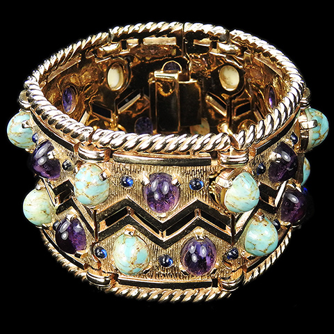 Boucher 'Oriental Gleam' Serrated Gold Openwork and Multicolour Quartz Cabochons Articulated Bangle Bracelet