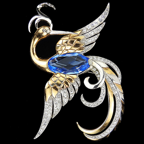 MB Boucher Gold Pave and Faceted Blue Topaz Firebird or Bird of Paradise Pin
