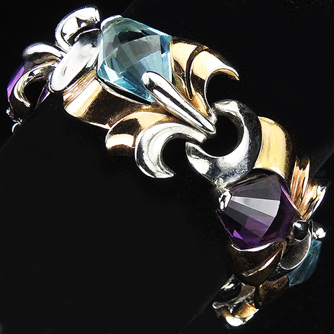 MB Boucher Gold and Silver Bows with Double Conical Faceted Aquamarine and Amethyst Crystals Six Link Bracelet