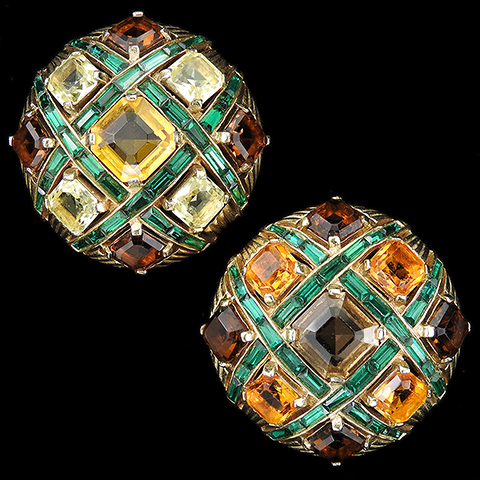MB Boucher Gold, Jonquil, Citrine, Topaz and Emerald Baguettes Matched Pair of Alternating Colours Checkerboard Button Pins