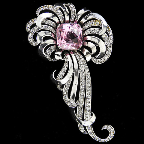 MB Boucher Sterling Openback Pave and Square Angular Cut Pink Topaz Flower Bow Swirl Pin