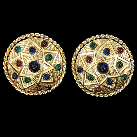 MB Boucher Serrated Gold and Multicolour Cabochons Circular Shield Clip Earrings