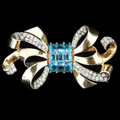 MB Boucher Sterling Gold Pave and Square Cut Aquamarines Tied Bowknot Bow Pin