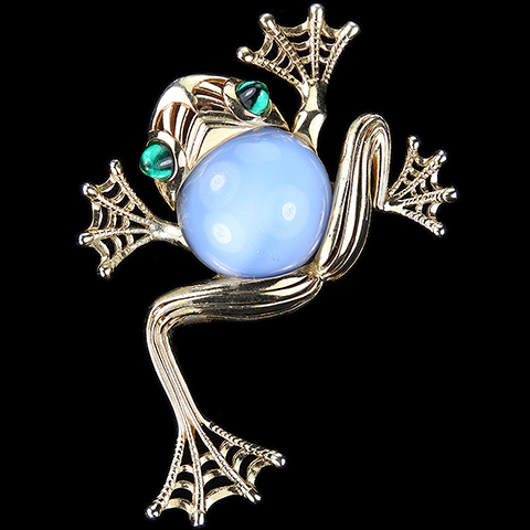 MB Boucher Gold Openwork Blue Moonstone and Emerald Cabochons Large Tree Frog Pin Clip
