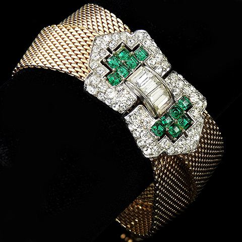 Boucher Crossed Gold Braids with Pave Baguettes and Invisibly Set Emeralds Buckles Bracelet
