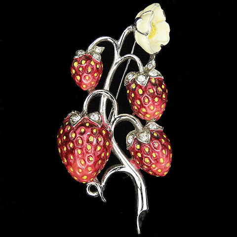 MB Boucher Pave and Enamel Four Strawberries on Flowering Branch Pin