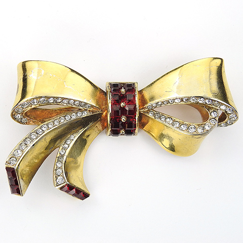MB Boucher Gold Pave and Invisibly Set Rubies Bowknot Bow Pin