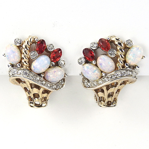 MB Boucher Gold and Pave Openwork Iridescent Opal Cabochons and Rubies Flower Basket Clip Earrings