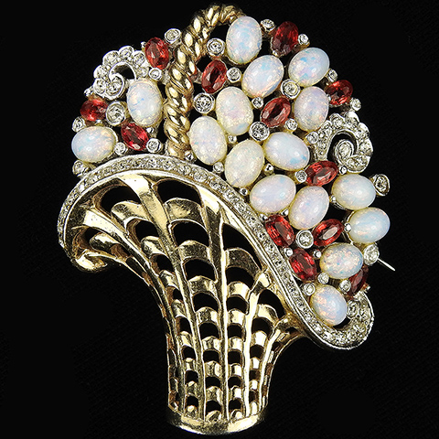 MB Boucher Gold and Pave Openwork Iridescent Opal Cabochons and Rubies Flower Basket Pin