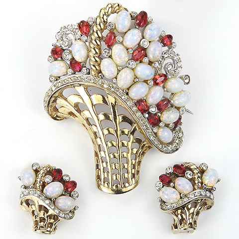 MB Boucher Gold and Pave Openwork Iridescent Opal Cabochons and Rubies Flower Basket Pin and Clip Earrings Set