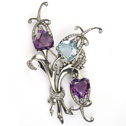 MB Boucher Sterling Pave Amethyst and Aquamarine Triple Hearts Triffid Flower Pin
