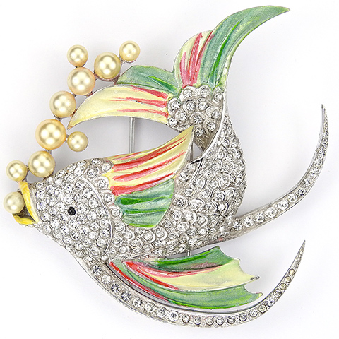 MB Boucher Pave and Metallic Enamel Swirling Fish with Pearl Bubbles Pin Clip
