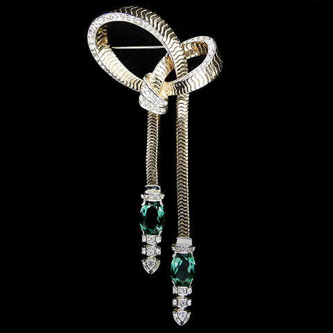 MB Boucher Giant Gold and Pave Articulated Bowknot with Double Emerald Pendants Pin