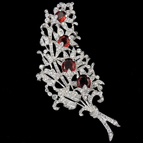 MB Boucher Pave Leaves and Four Ruby Flowers Floral Spray Pin