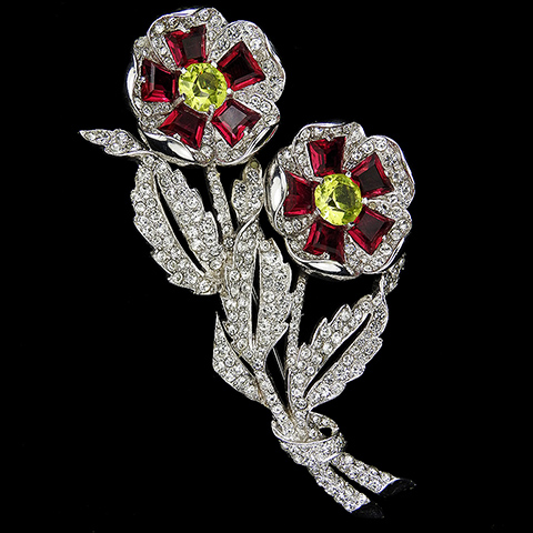 MB Boucher Pave Leaves and Kite Shaped Ruby and Citrine Two Flower Floral Spray with Bow Pin