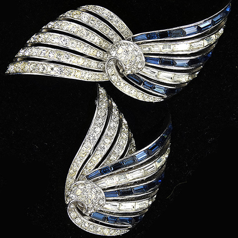 Boucher Pave and Striped Diamante and Sapphire Baguettes Moveable Bow Swirl or Wings Pin