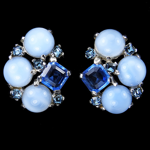MB Boucher Blue Moonstone Cabochons Square Cut Blue Topaz and Sapphires Clip Earrings