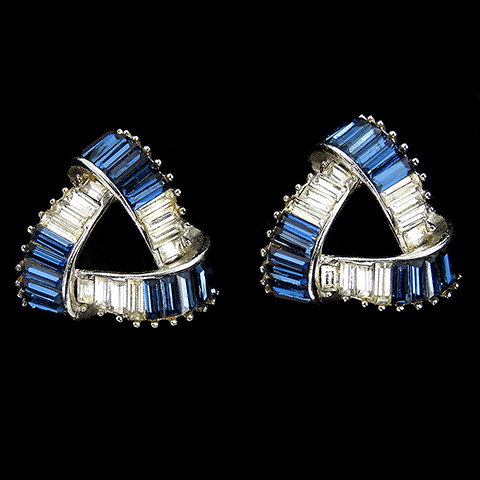 Boucher Sapphire and Diamante Baguettes Invisibly Set Infinite Loop Atomic Escher Swirl Clip Earrings