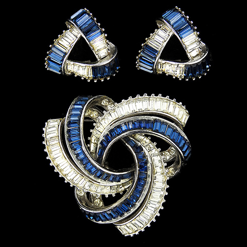 Boucher Sapphire and Diamante Baguettes Invisibly Set Infinite Loop Atomic Escher Swirl Pin and Clip Earrings Set