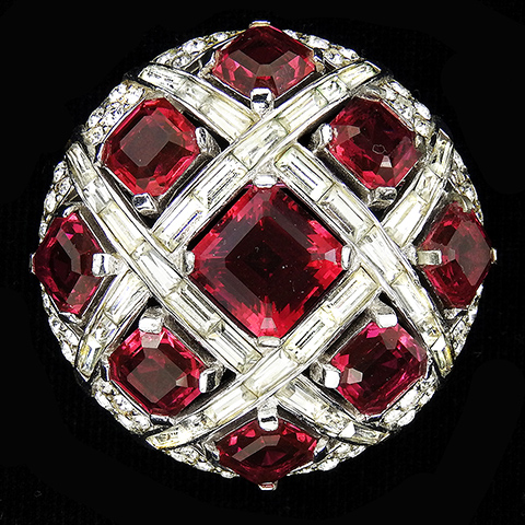 Boucher Square Cut Ruby and Diamante Baguettes Checkerboard Button Pin