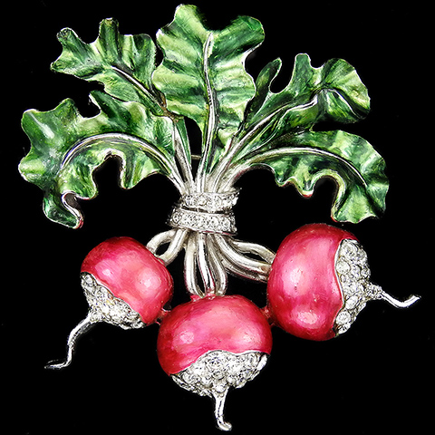 MB Boucher Pave and Metallic Enamel Three Red Radishes with Leaves Pin