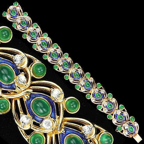 Boucher Gold Emerald Cabochon and Blue Enamel Peacocks Eye Jewels of India Style Link Bracelet