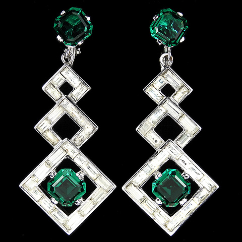 Boucher Square Cut Emeralds and Interlinked Baguette Squares Pendant Clip Earrings