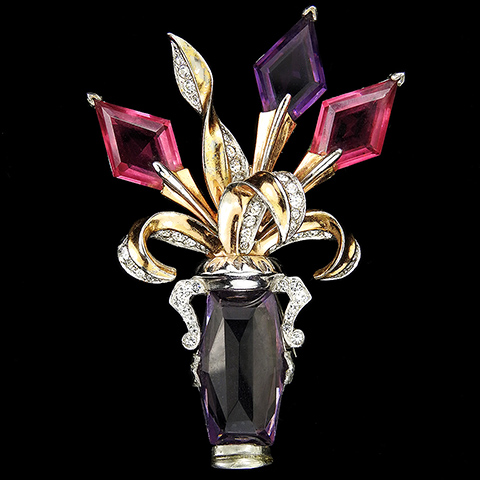MB Boucher Gold Pave Amethyst and Pink Topaz Trapezoids Flower Basket Floral Vase Pin
