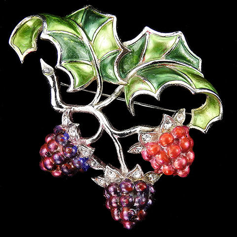 MB Boucher Pave and Metallic Enamel Three Raspberries on a Branch with Leaves Pin