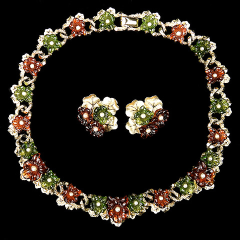 Boucher Gold Leaves and Poured Glass and Seed Pearls Fruit Salad Flowers Choker Necklace and Clip Earrings Set  