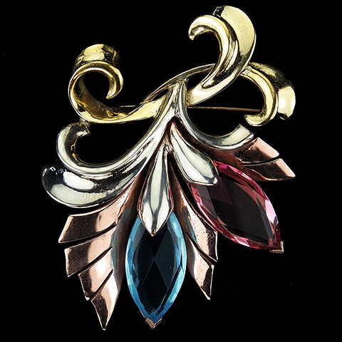 MB Boucher Three Colour Gold and Faceted Lozenge Cut Blue and Pink Topaz Stones Double Flower Spray Pin