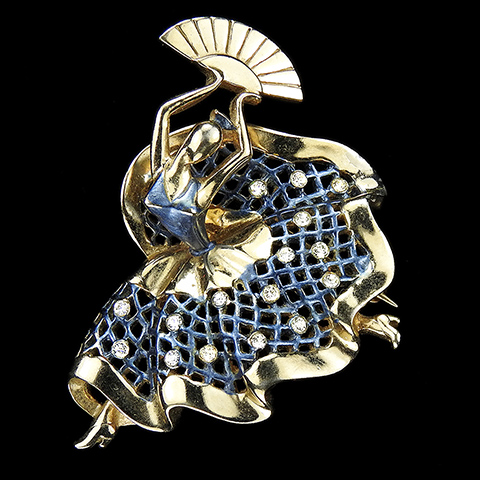 MB Boucher Gold and Blue Metallic Enamel Latticework Dancer with a Fan Pin