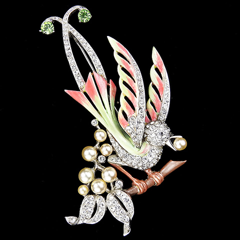 MB Boucher Gold Pave Pearls and Enamel Giant Lyre Bird Pin