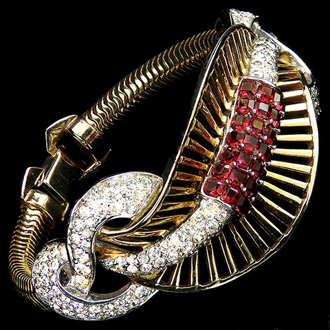Boucher Gold Openwork Pave Bow Swirls and Invisibly Set Rubies Snake Chain Cuff Bracelet
